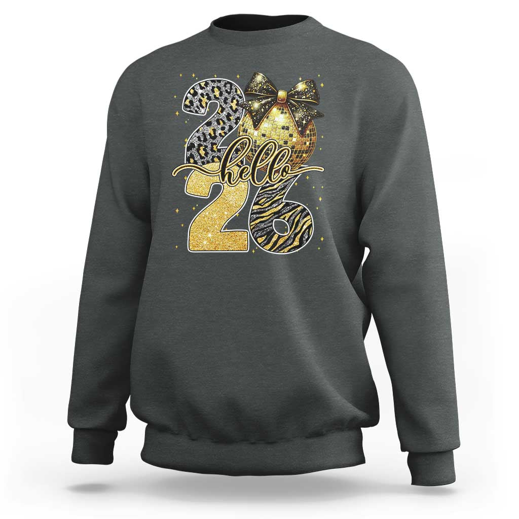 Happy New Year 2026 Sweatshirt Hello 2026 Disco Ball Coquette Bow Faux Glitter - Wonder Print Shop