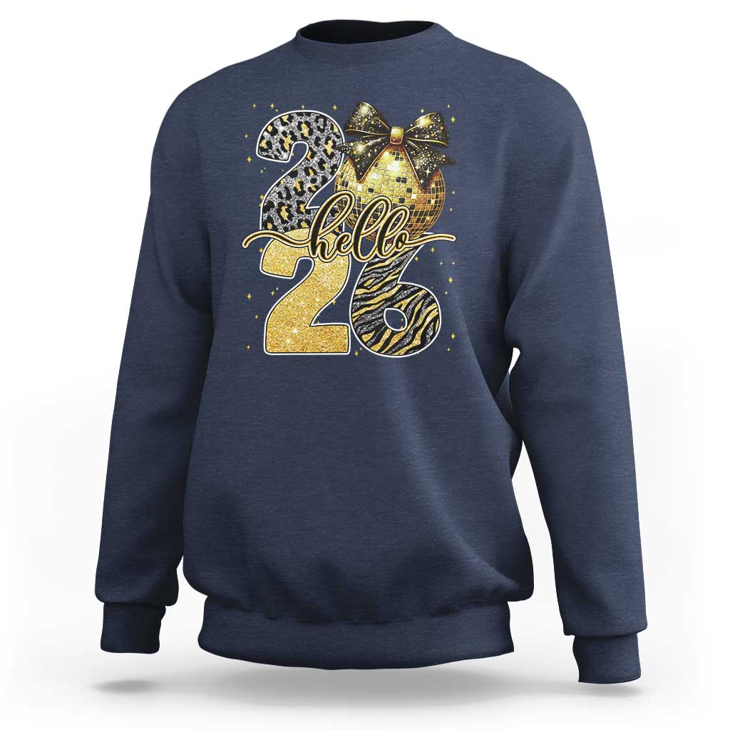 Happy New Year 2026 Sweatshirt Hello 2026 Disco Ball Coquette Bow Faux Glitter - Wonder Print Shop