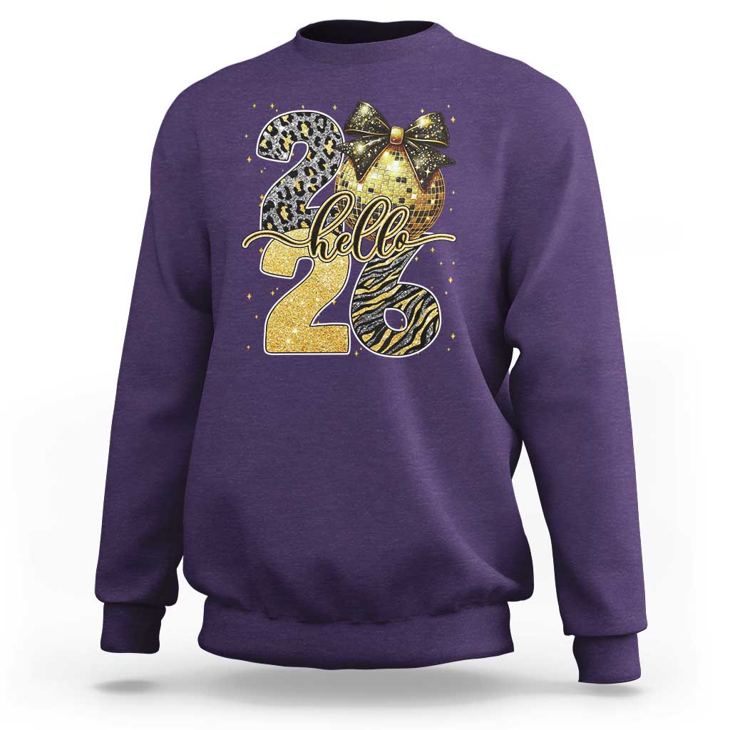 Happy New Year 2026 Sweatshirt Hello 2026 Disco Ball Coquette Bow Faux Glitter - Wonder Print Shop
