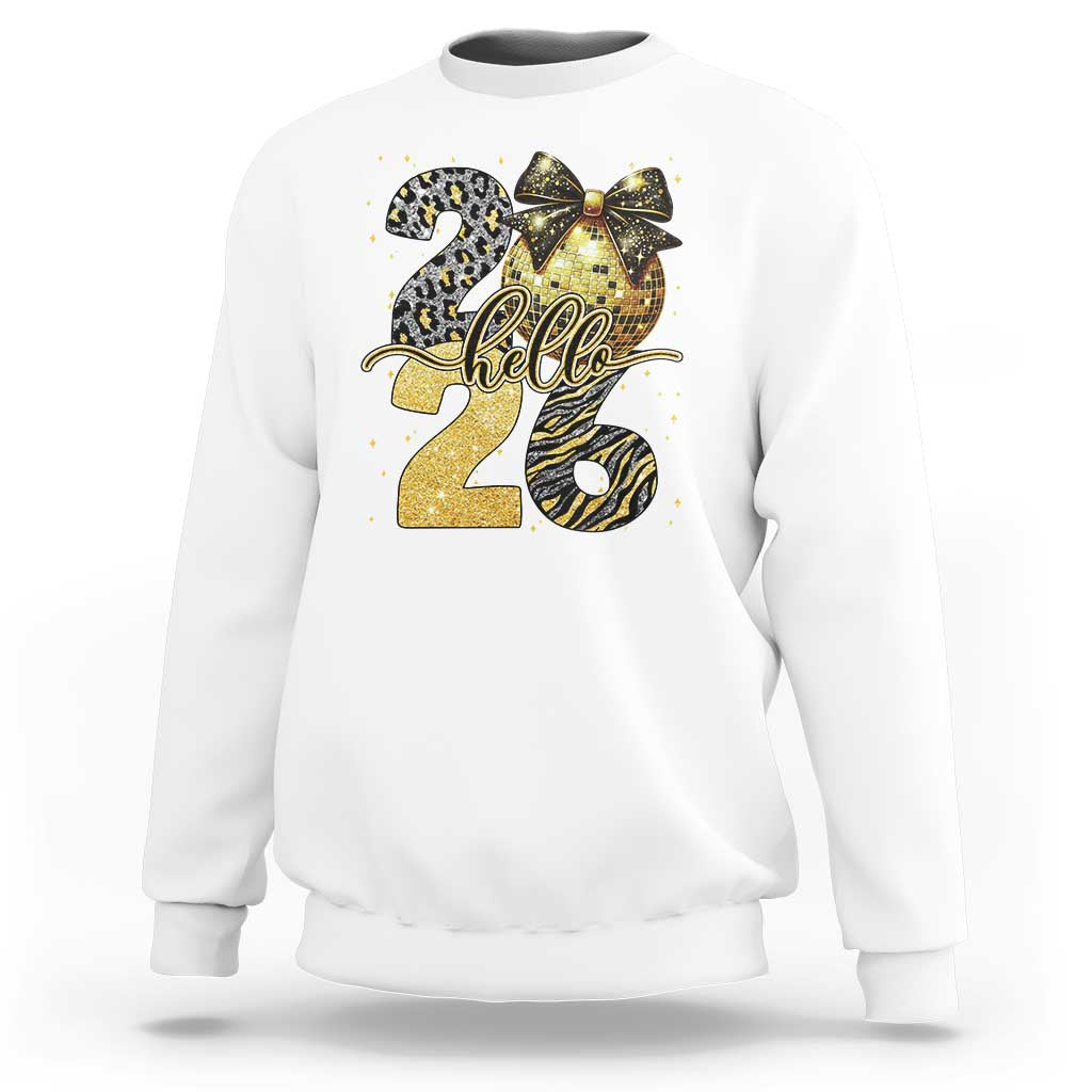 Happy New Year 2026 Sweatshirt Hello 2026 Disco Ball Coquette Bow Faux Glitter - Wonder Print Shop