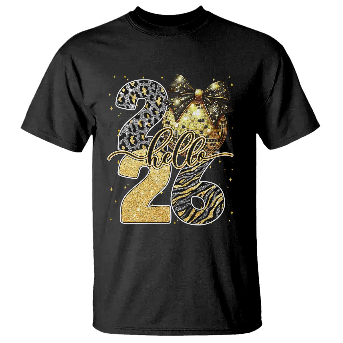 Happy New Year 2026 T Shirt Hello 2026 Disco Ball Coquette Bow Faux Glitter - Wonder Print Shop