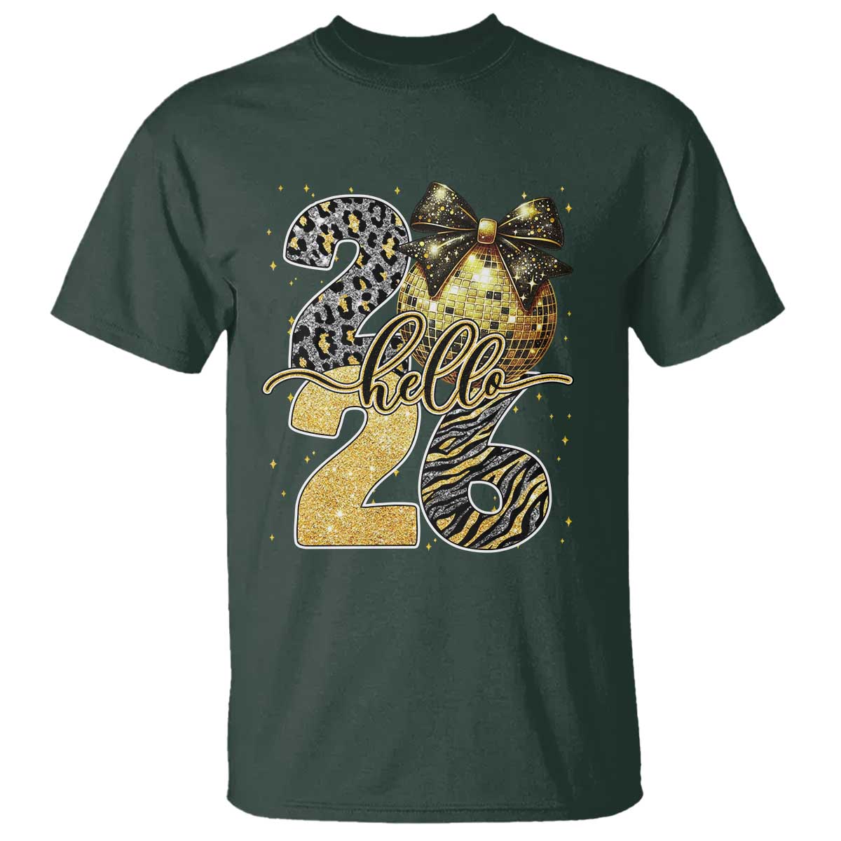 Happy New Year 2026 T Shirt Hello 2026 Disco Ball Coquette Bow Faux Glitter - Wonder Print Shop