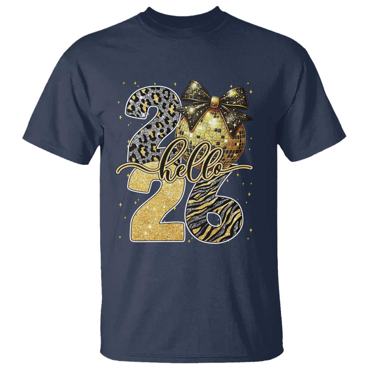 Happy New Year 2026 T Shirt Hello 2026 Disco Ball Coquette Bow Faux Glitter - Wonder Print Shop