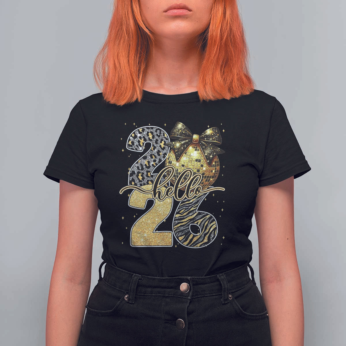 Happy New Year 2026 T Shirt For Women Hello 2026 Disco Ball Coquette Bow Faux Glitter - Wonder Print Shop
