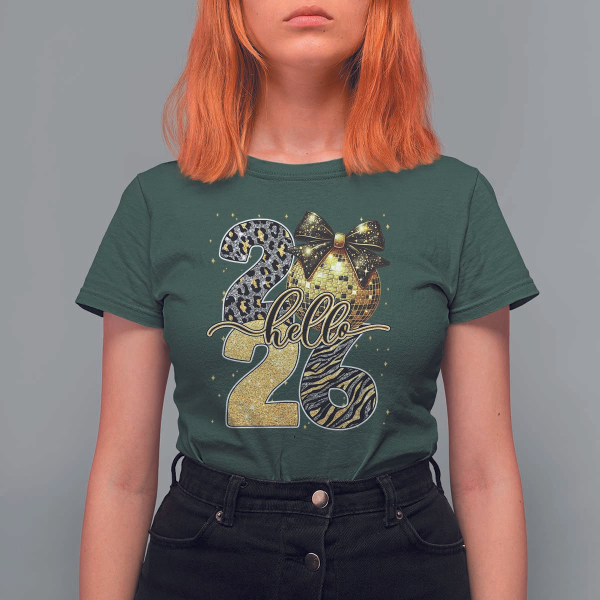 Happy New Year 2026 T Shirt For Women Hello 2026 Disco Ball Coquette Bow Faux Glitter - Wonder Print Shop