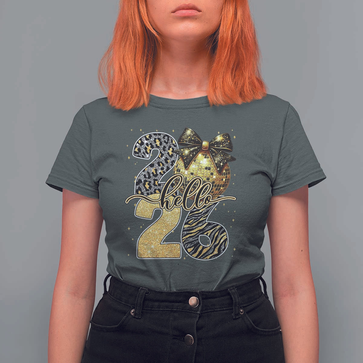 Happy New Year 2026 T Shirt For Women Hello 2026 Disco Ball Coquette Bow Faux Glitter - Wonder Print Shop