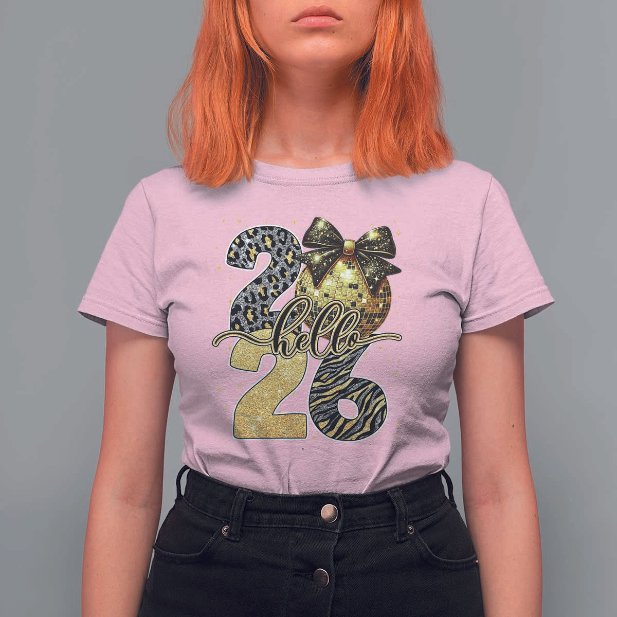 Happy New Year 2026 T Shirt For Women Hello 2026 Disco Ball Coquette Bow Faux Glitter - Wonder Print Shop