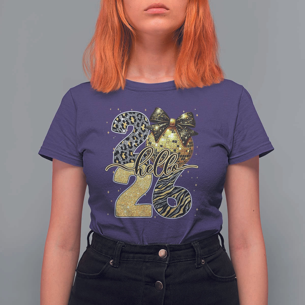 Happy New Year 2026 T Shirt For Women Hello 2026 Disco Ball Coquette Bow Faux Glitter - Wonder Print Shop