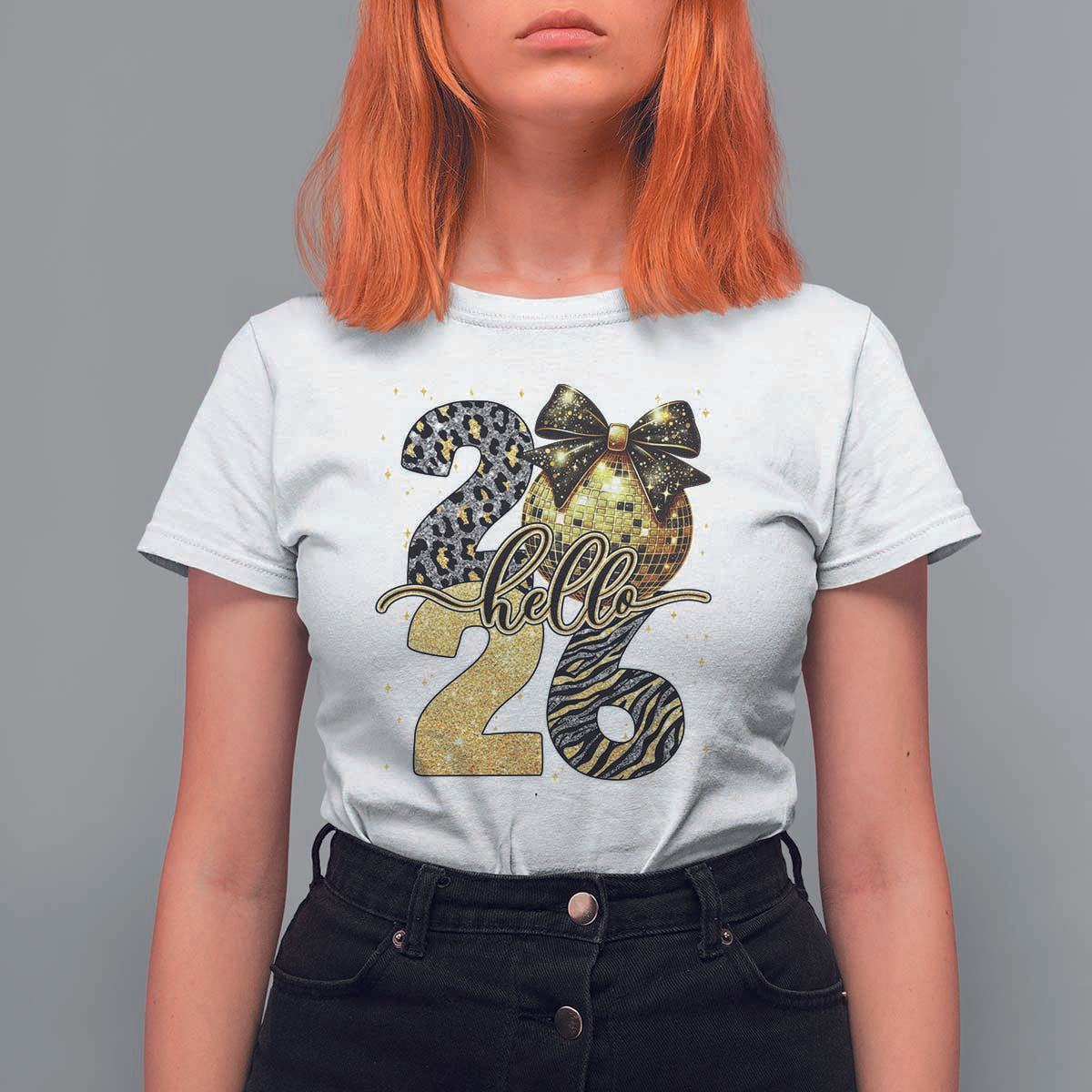 Happy New Year 2026 T Shirt For Women Hello 2026 Disco Ball Coquette Bow Faux Glitter - Wonder Print Shop