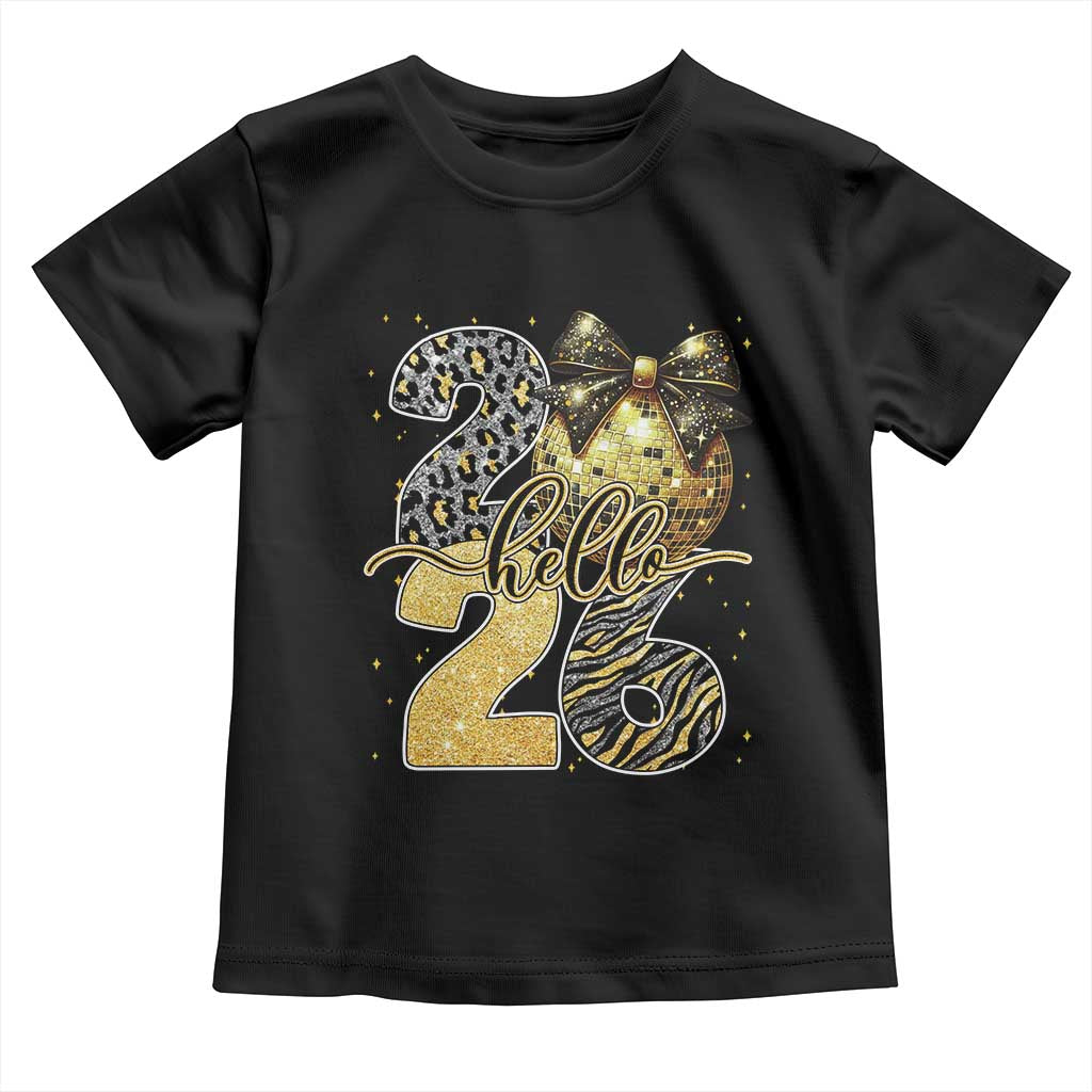 Happy New Year 2026 Toddler T Shirt Hello 2026 Disco Ball Coquette Bow Faux Glitter - Wonder Print Shop