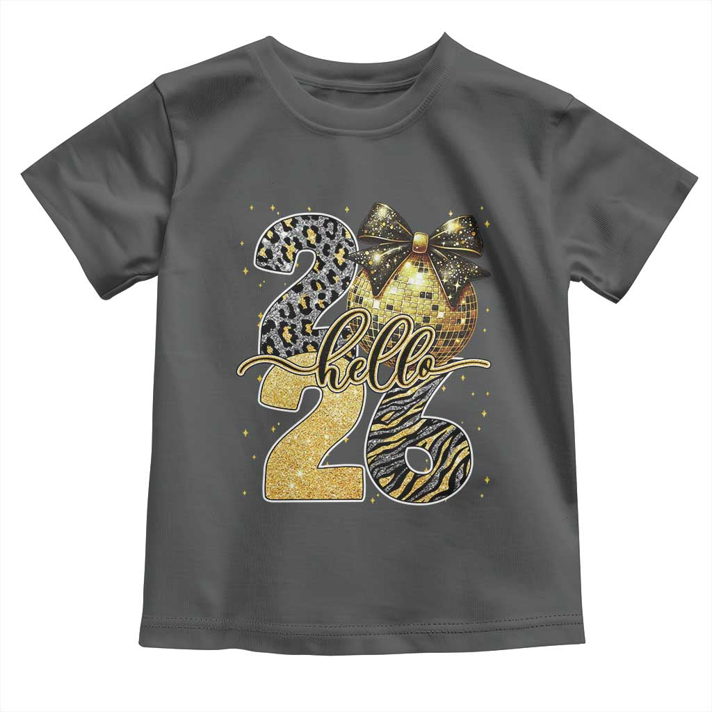 Happy New Year 2026 Toddler T Shirt Hello 2026 Disco Ball Coquette Bow Faux Glitter - Wonder Print Shop