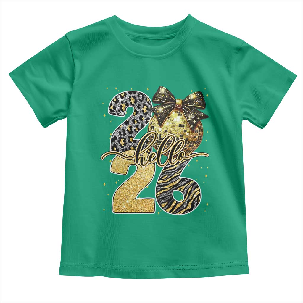 Happy New Year 2026 Toddler T Shirt Hello 2026 Disco Ball Coquette Bow Faux Glitter - Wonder Print Shop