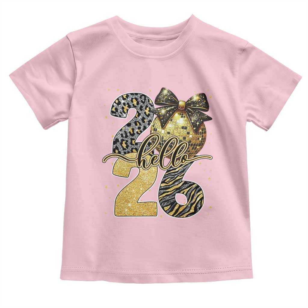 Happy New Year 2026 Toddler T Shirt Hello 2026 Disco Ball Coquette Bow Faux Glitter - Wonder Print Shop