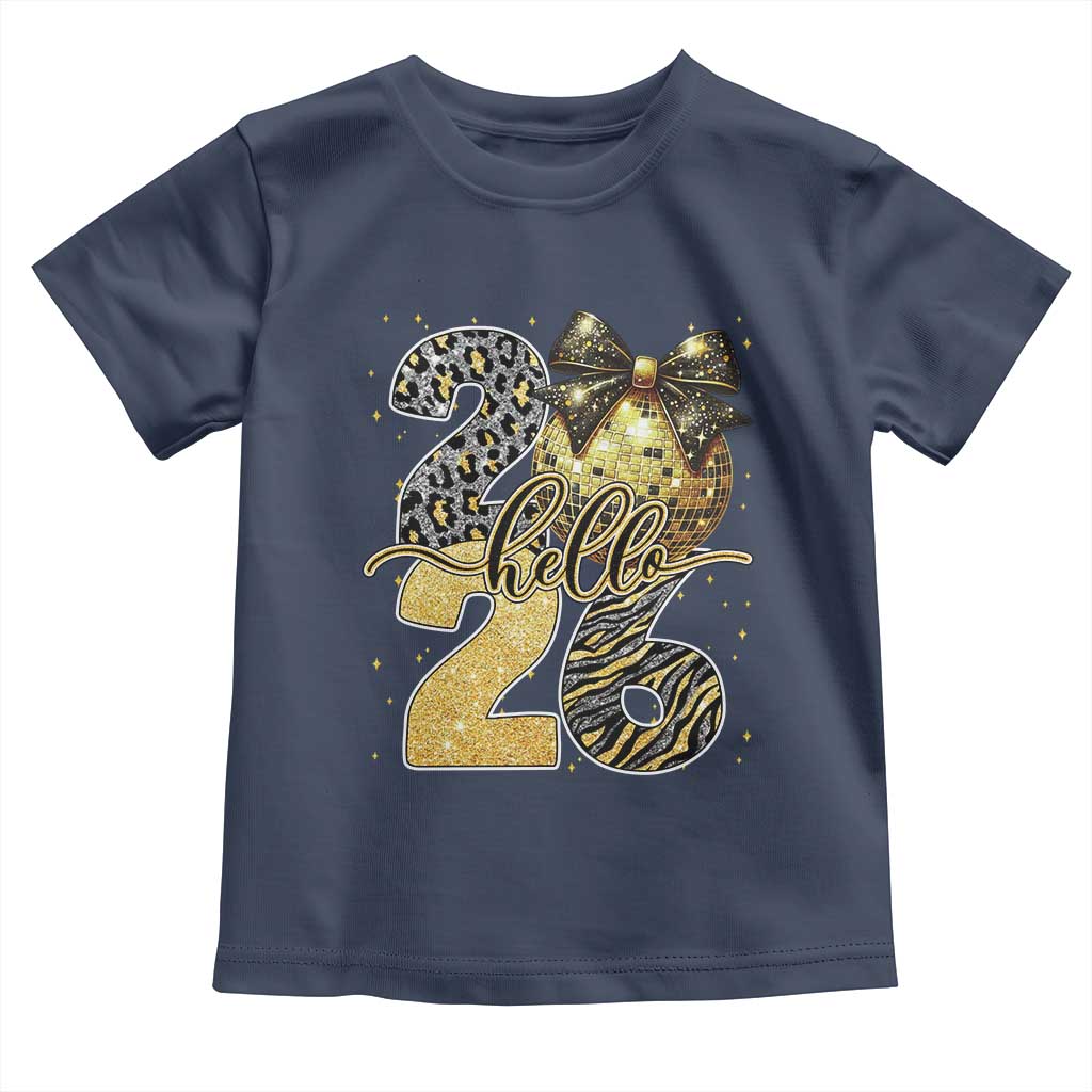 Happy New Year 2026 Toddler T Shirt Hello 2026 Disco Ball Coquette Bow Faux Glitter - Wonder Print Shop