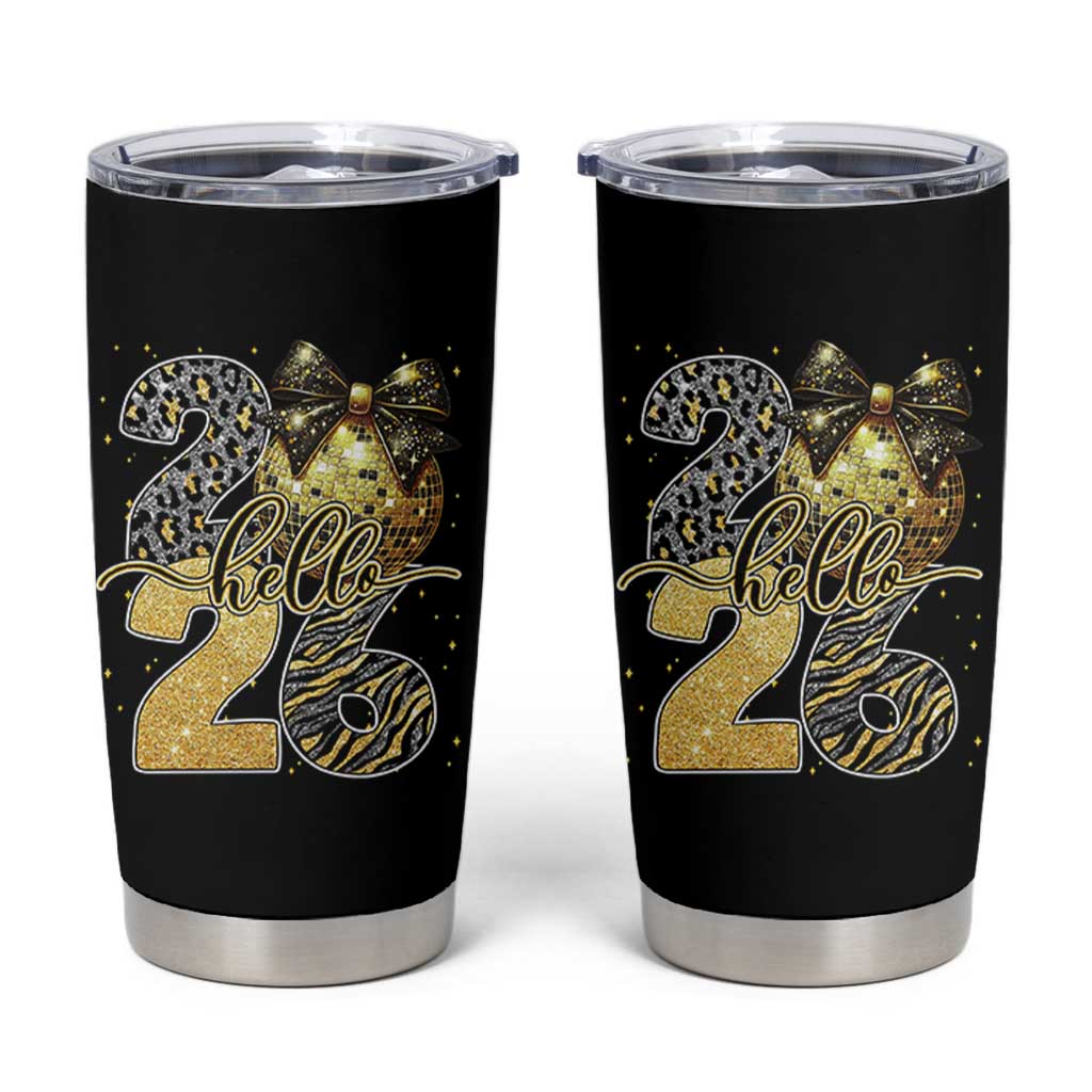 Happy New Year 2026 Tumbler Cup Hello 2026 Disco Ball Coquette Bow Faux Glitter - Wonder Print Shop