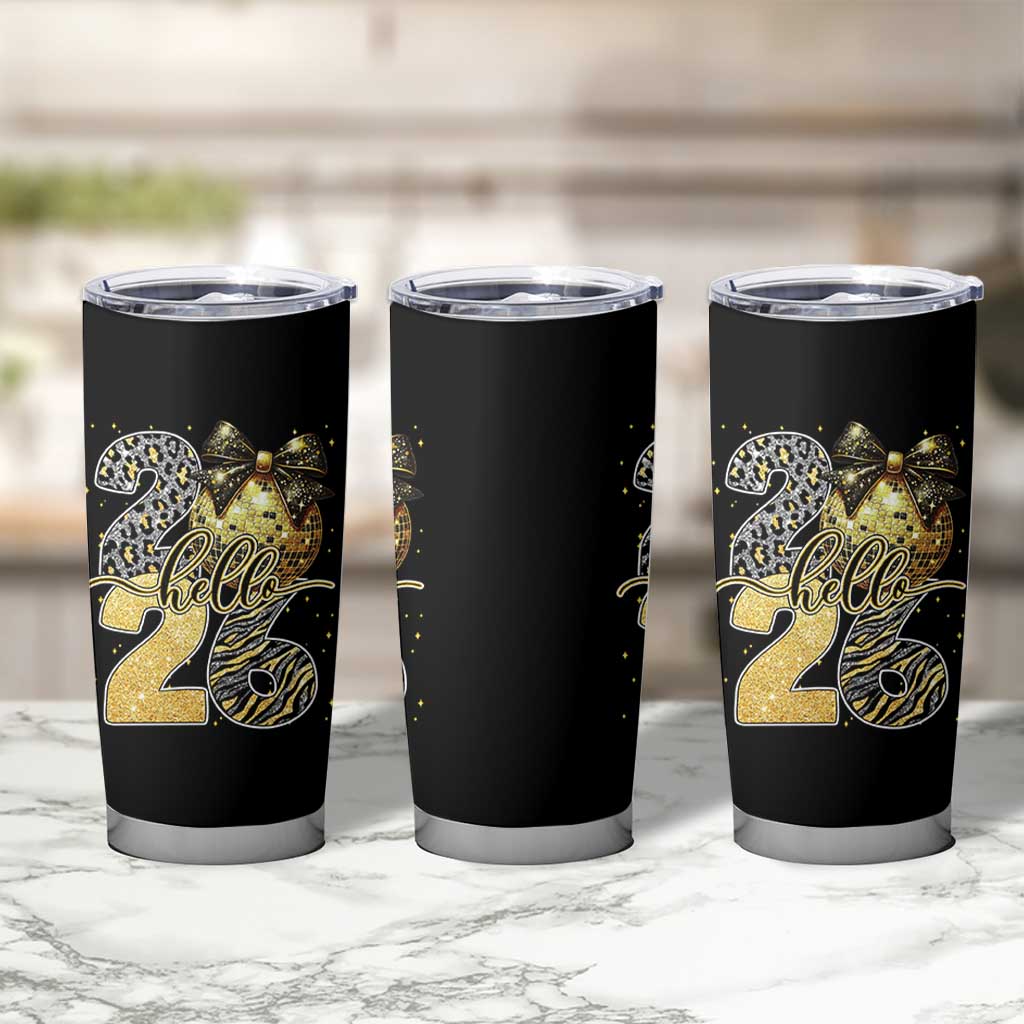 Happy New Year 2026 Tumbler Cup Hello 2026 Disco Ball Coquette Bow Faux Glitter - Wonder Print Shop