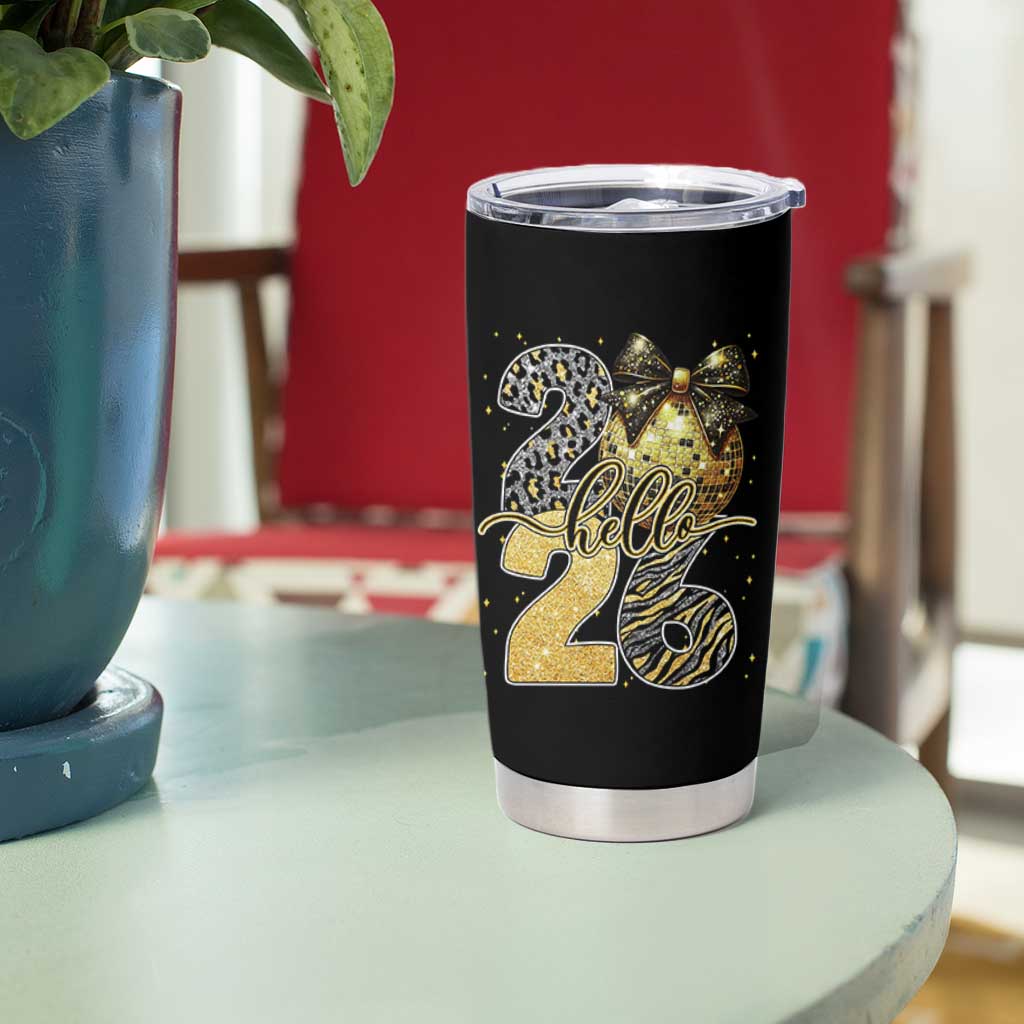 Happy New Year 2026 Tumbler Cup Hello 2026 Disco Ball Coquette Bow Faux Glitter - Wonder Print Shop