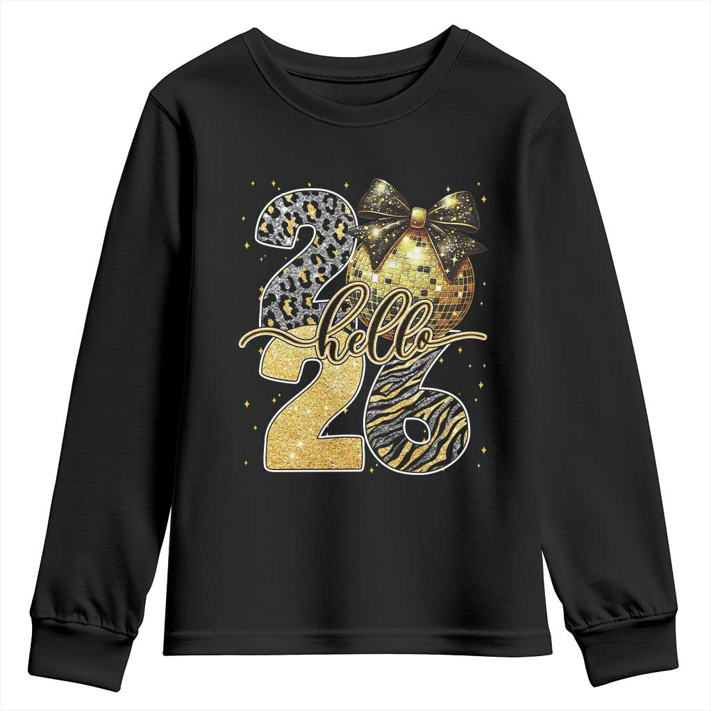 Happy New Year 2026 Youth Sweatshirt Hello 2026 Disco Ball Coquette Bow Faux Glitter - Wonder Print Shop