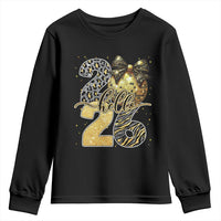 Happy New Year 2026 Youth Sweatshirt Hello 2026 Disco Ball Coquette Bow Faux Glitter - Wonder Print Shop