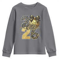 Happy New Year 2026 Youth Sweatshirt Hello 2026 Disco Ball Coquette Bow Faux Glitter - Wonder Print Shop