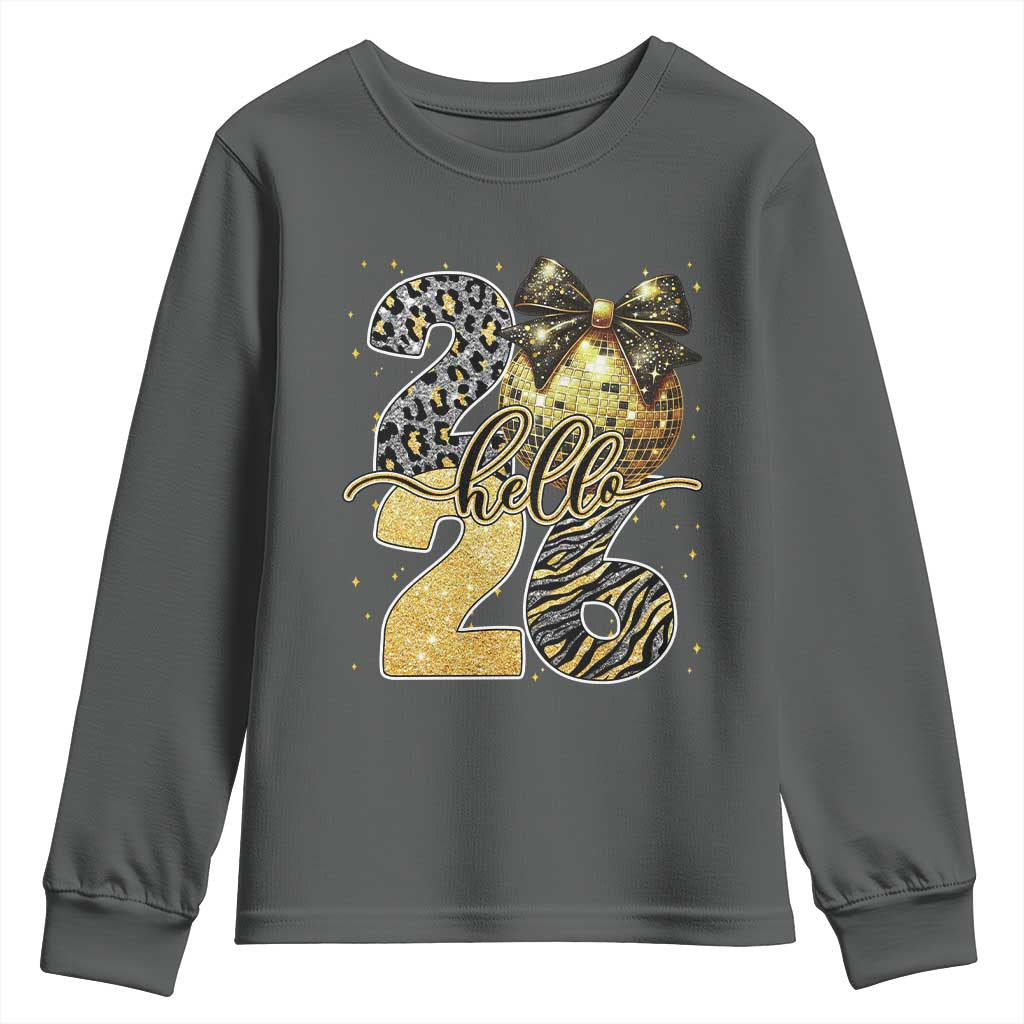 Happy New Year 2026 Youth Sweatshirt Hello 2026 Disco Ball Coquette Bow Faux Glitter - Wonder Print Shop