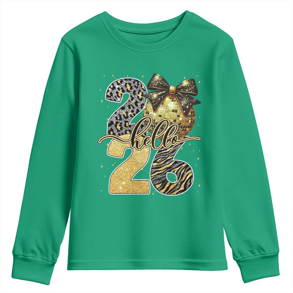Happy New Year 2026 Youth Sweatshirt Hello 2026 Disco Ball Coquette Bow Faux Glitter - Wonder Print Shop