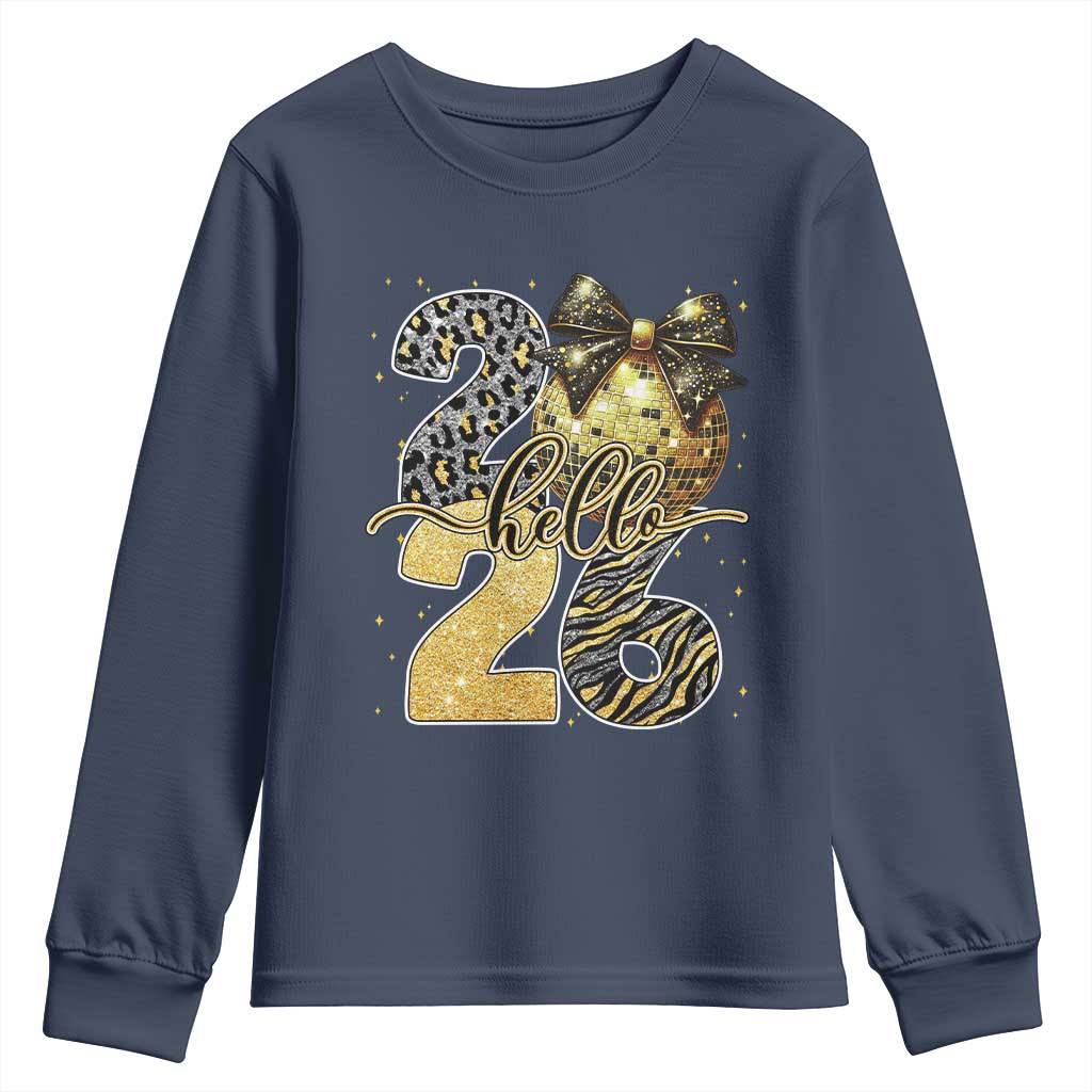 Happy New Year 2026 Youth Sweatshirt Hello 2026 Disco Ball Coquette Bow Faux Glitter - Wonder Print Shop
