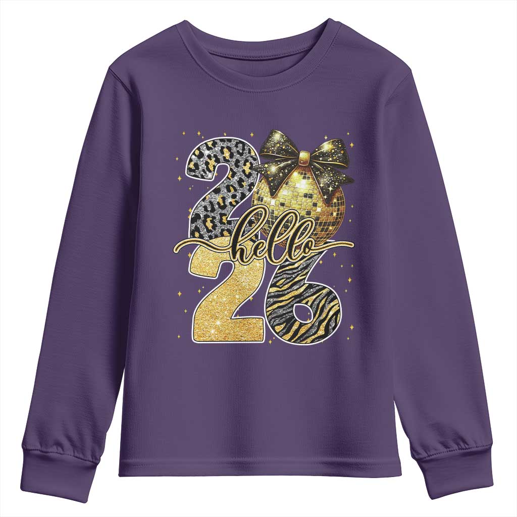 Happy New Year 2026 Youth Sweatshirt Hello 2026 Disco Ball Coquette Bow Faux Glitter - Wonder Print Shop