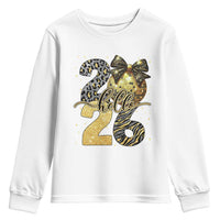 Happy New Year 2026 Youth Sweatshirt Hello 2026 Disco Ball Coquette Bow Faux Glitter - Wonder Print Shop