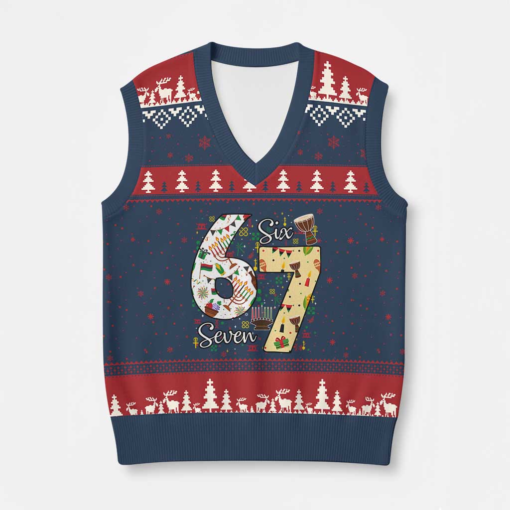 Funny 67 Kwanzaa V-Neck Knit Sweater Vest Six Seven Meme Kinara Candles African American Xmas - Wonder Print Shop