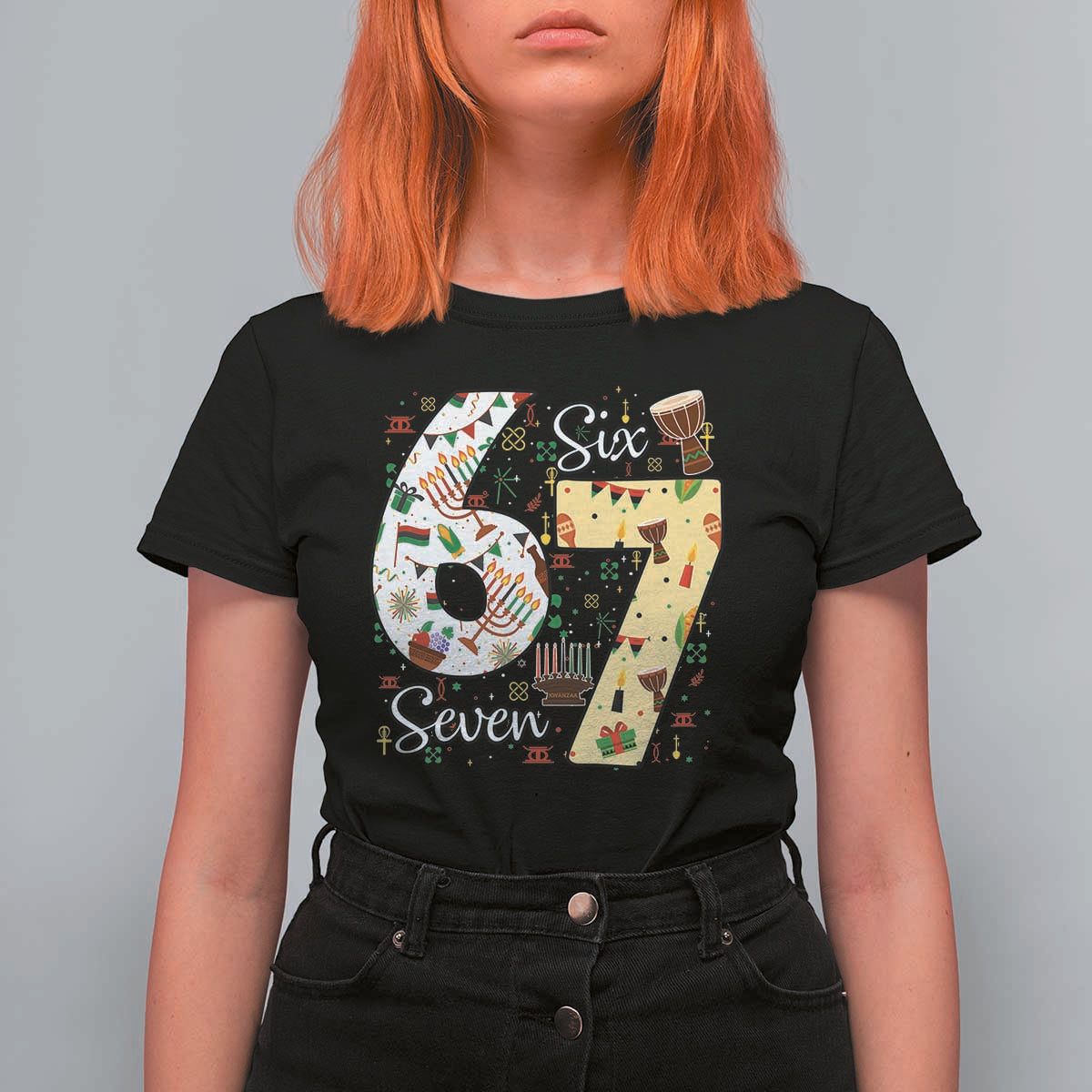 Funny 67 Kwanzaa T Shirt For Women Six Seven Meme Kinara Candles African American Christmas - Wonder Print Shop