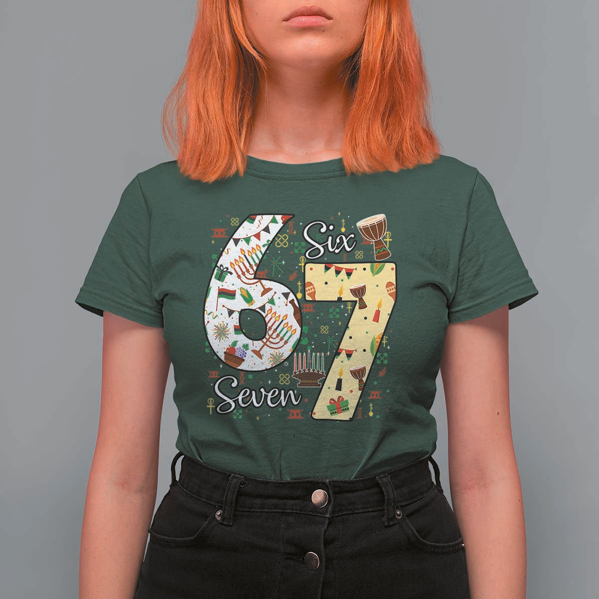 Funny 67 Kwanzaa T Shirt For Women Six Seven Meme Kinara Candles African American Christmas - Wonder Print Shop