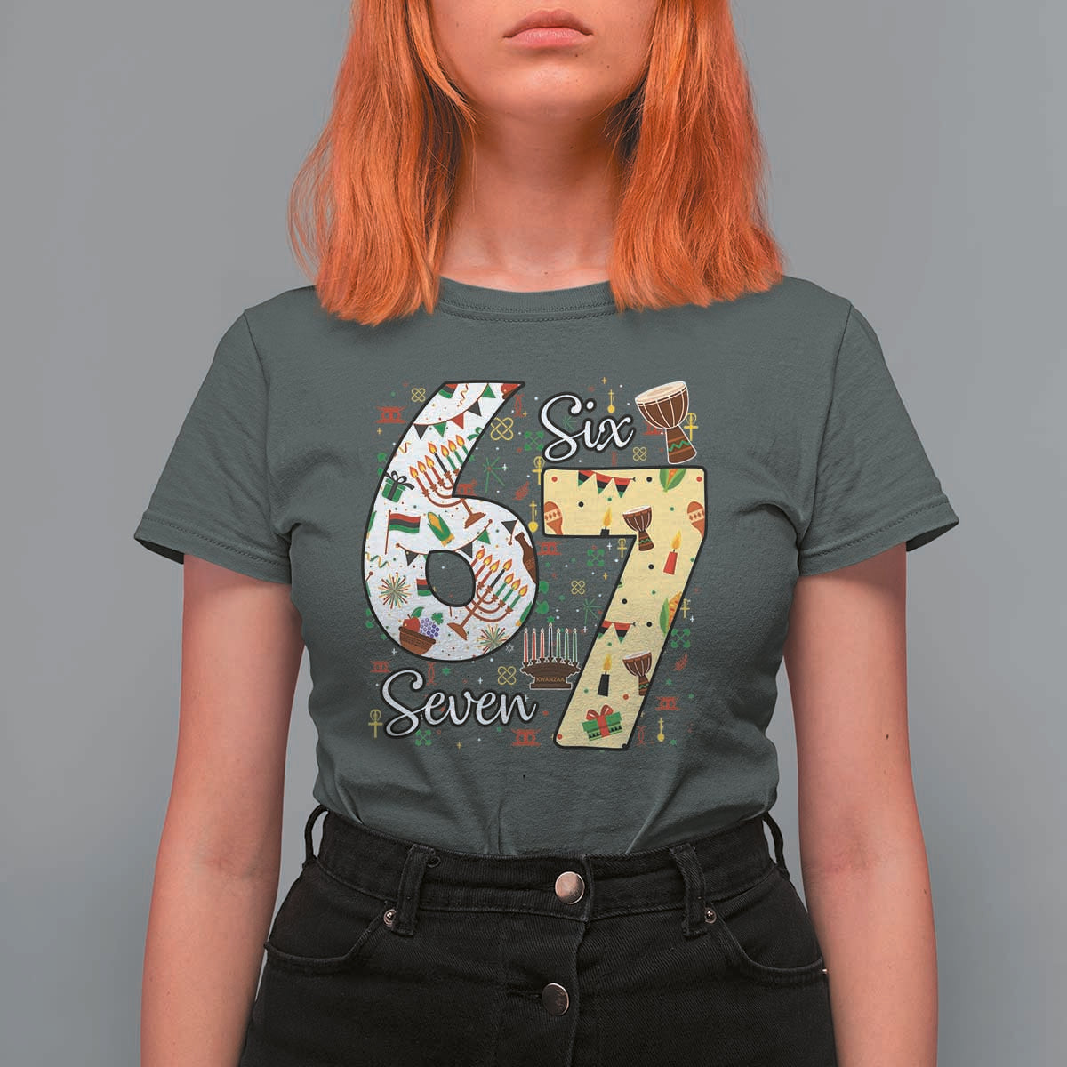 Funny 67 Kwanzaa T Shirt For Women Six Seven Meme Kinara Candles African American Christmas - Wonder Print Shop