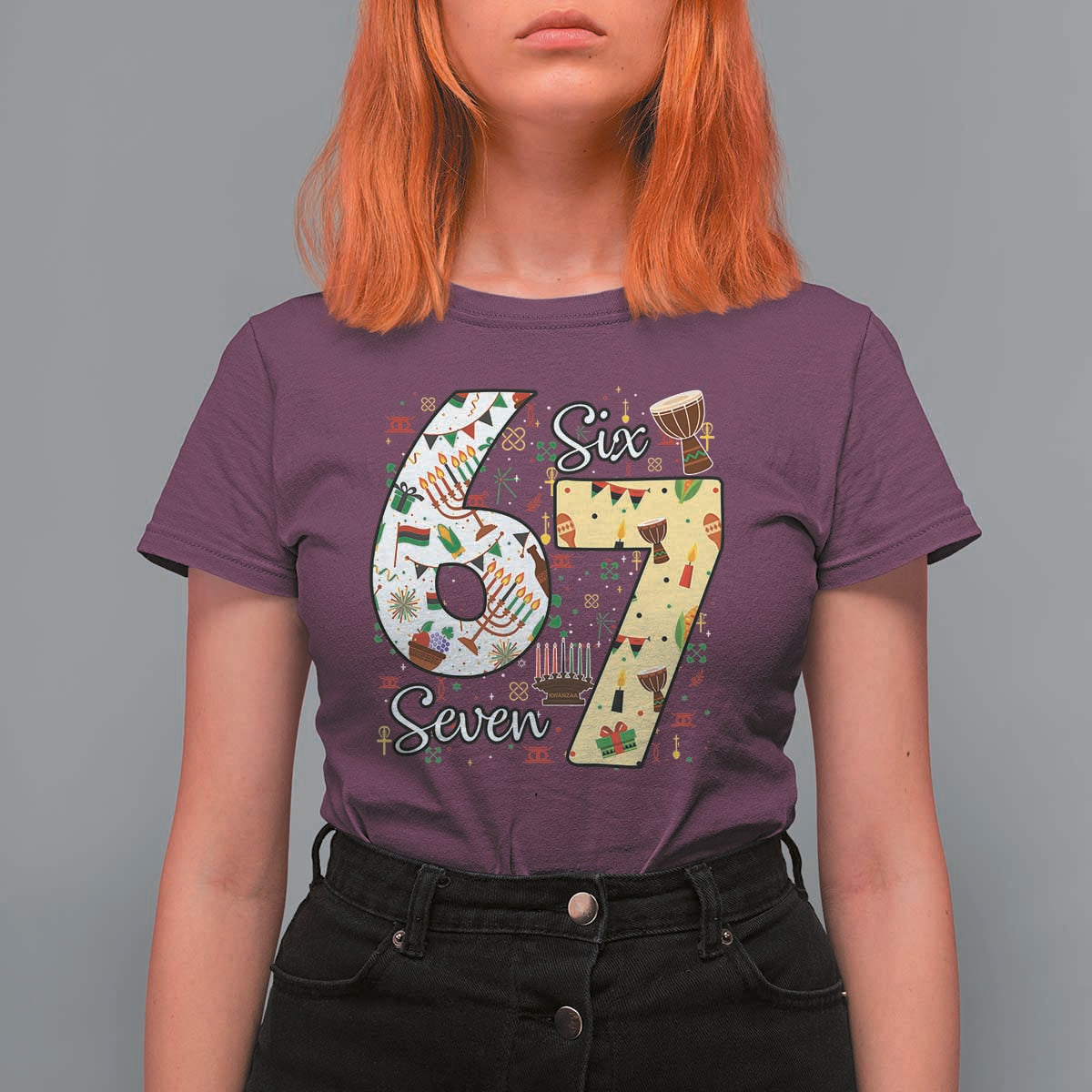 Funny 67 Kwanzaa T Shirt For Women Six Seven Meme Kinara Candles African American Christmas - Wonder Print Shop