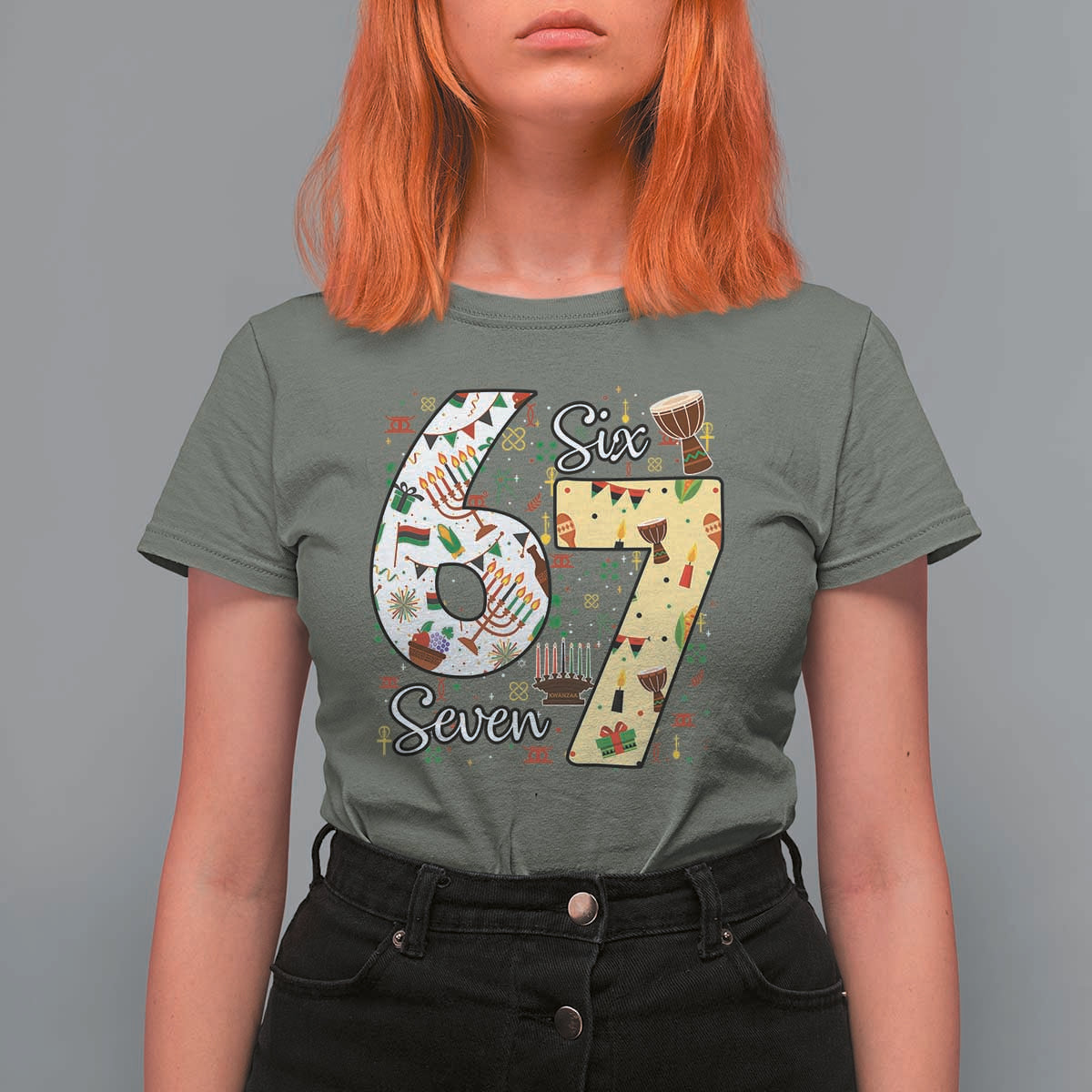 Funny 67 Kwanzaa T Shirt For Women Six Seven Meme Kinara Candles African American Christmas - Wonder Print Shop