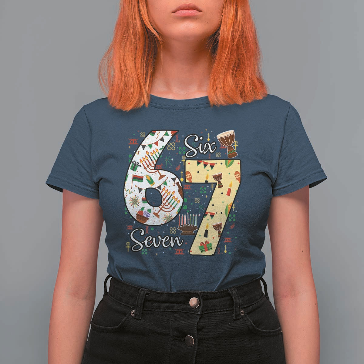 Funny 67 Kwanzaa T Shirt For Women Six Seven Meme Kinara Candles African American Christmas - Wonder Print Shop