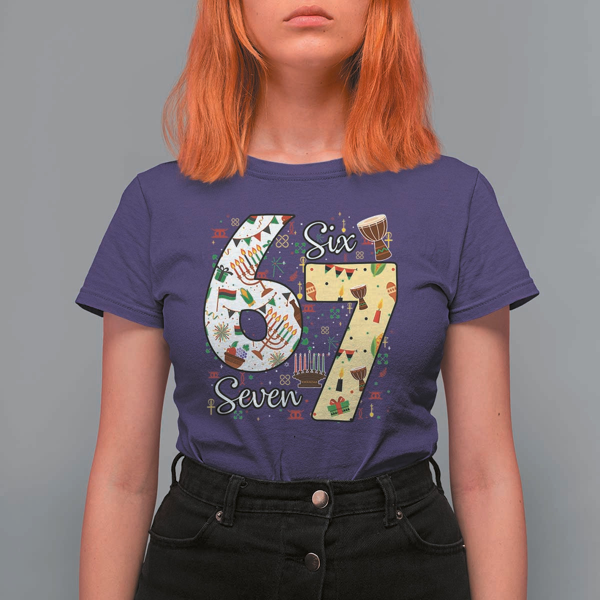 Funny 67 Kwanzaa T Shirt For Women Six Seven Meme Kinara Candles African American Christmas - Wonder Print Shop