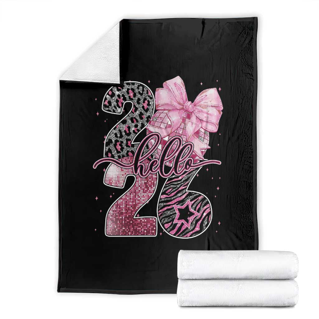 Happy New Year 2026 Throw Blanket Hello 2026 Disco Ball Pink Coquette Bow Faux Glitter - Wonder Print Shop