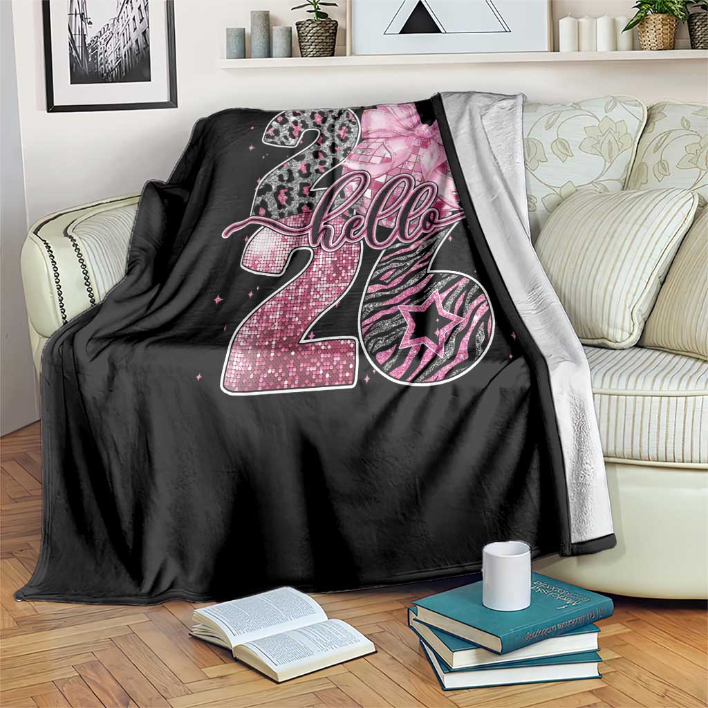 Happy New Year 2026 Throw Blanket Hello 2026 Disco Ball Pink Coquette Bow Faux Glitter - Wonder Print Shop