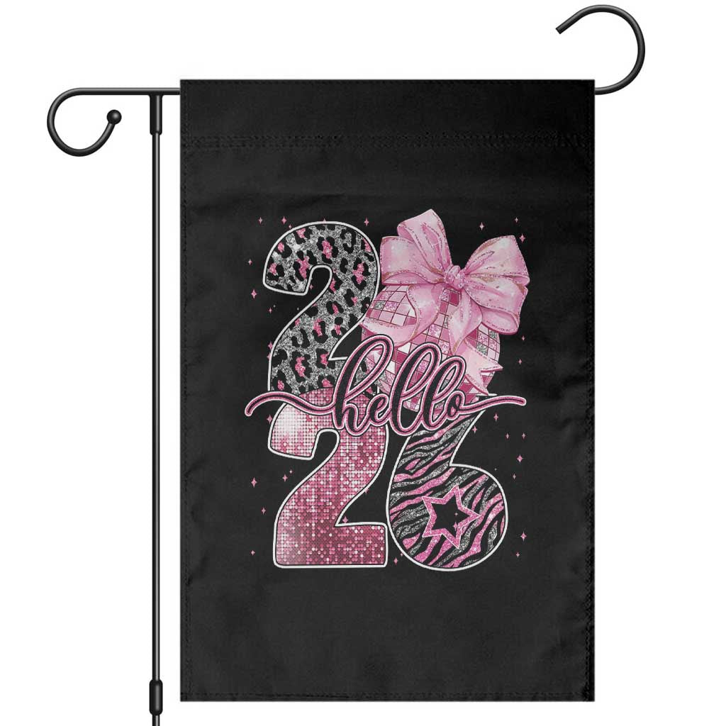 Happy New Year 2026 Garden Flag Hello 2026 Disco Ball Pink Coquette Bow Faux Glitter - Wonder Print Shop