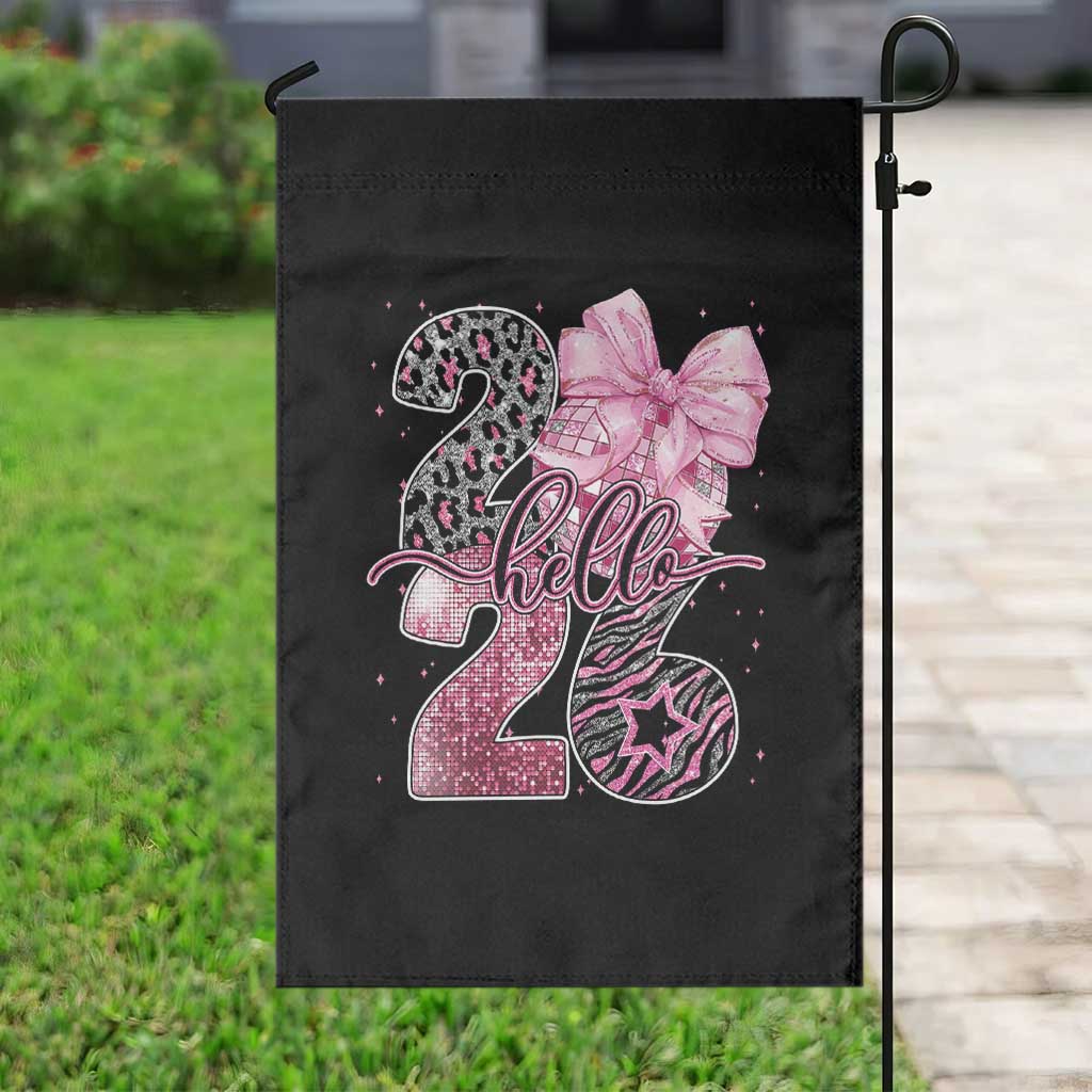 Happy New Year 2026 Garden Flag Hello 2026 Disco Ball Pink Coquette Bow Faux Glitter - Wonder Print Shop
