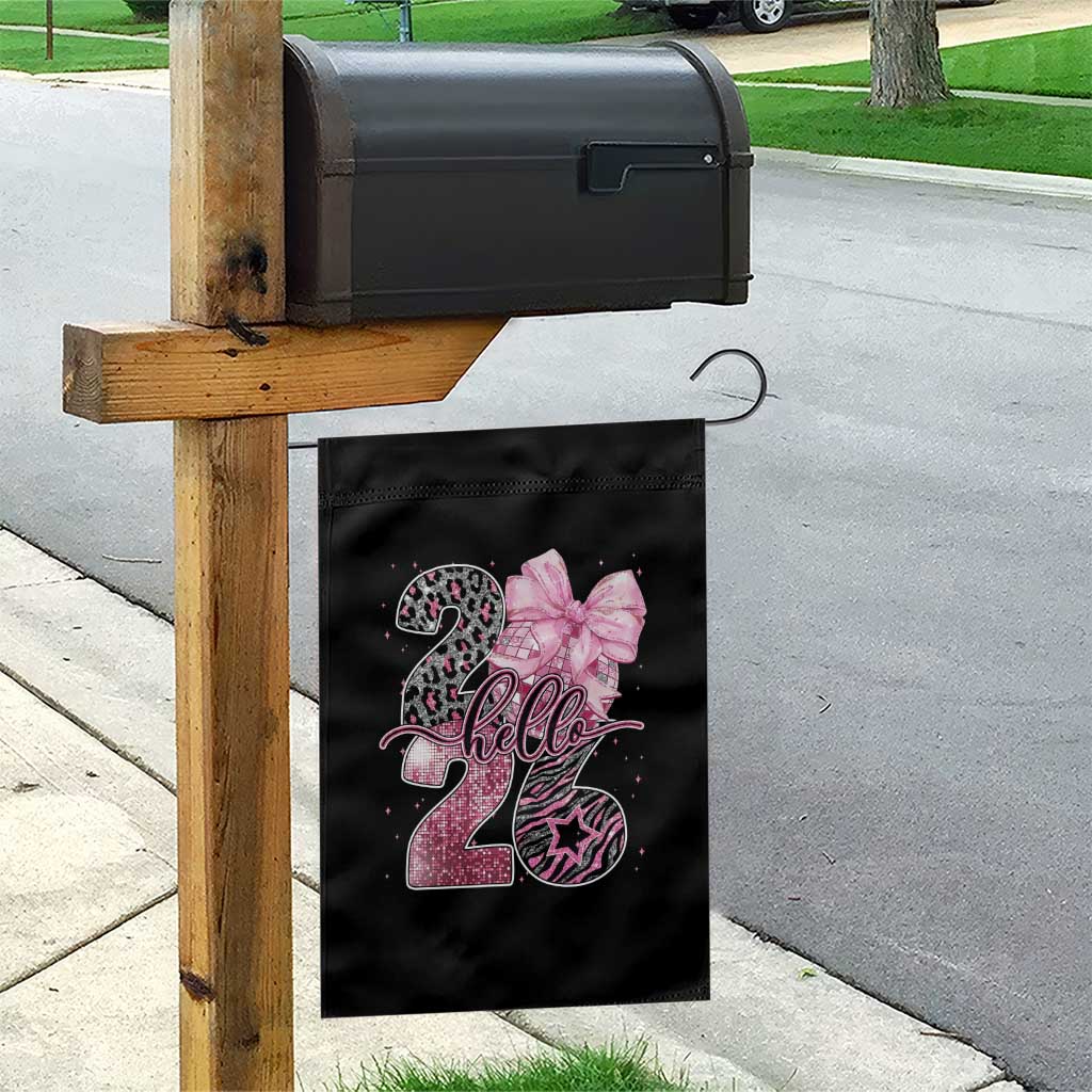 Happy New Year 2026 Garden Flag Hello 2026 Disco Ball Pink Coquette Bow Faux Glitter - Wonder Print Shop