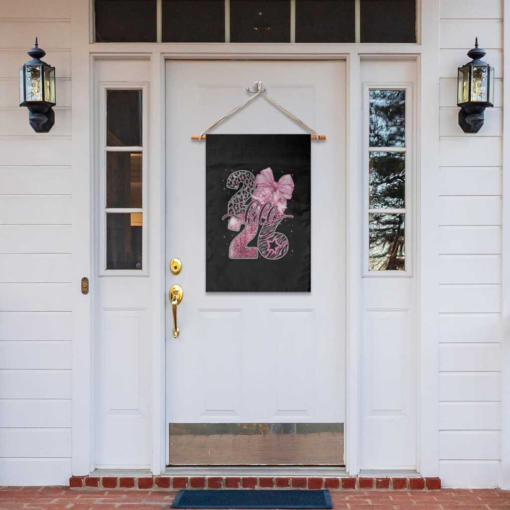 Happy New Year 2026 Garden Flag Hello 2026 Disco Ball Pink Coquette Bow Faux Glitter - Wonder Print Shop