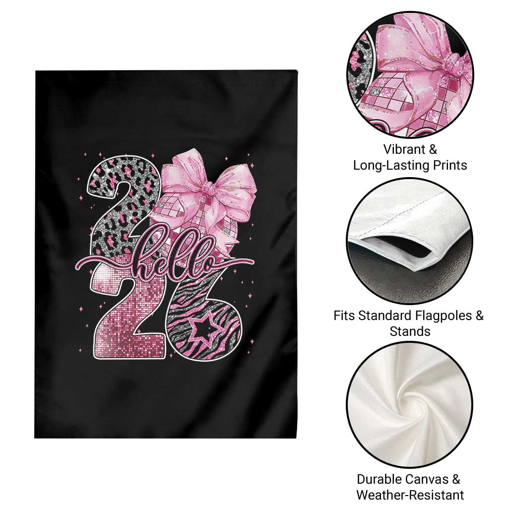 Happy New Year 2026 Garden Flag Hello 2026 Disco Ball Pink Coquette Bow Faux Glitter - Wonder Print Shop