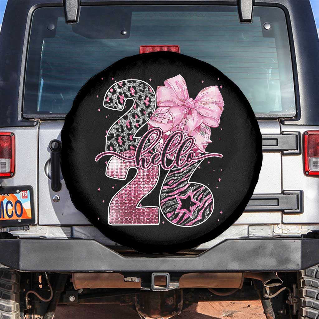 Happy New Year 2026 Spare Tire Cover Hello 2026 Disco Ball Pink Coquette Bow Faux Glitter - Wonder Print Shop