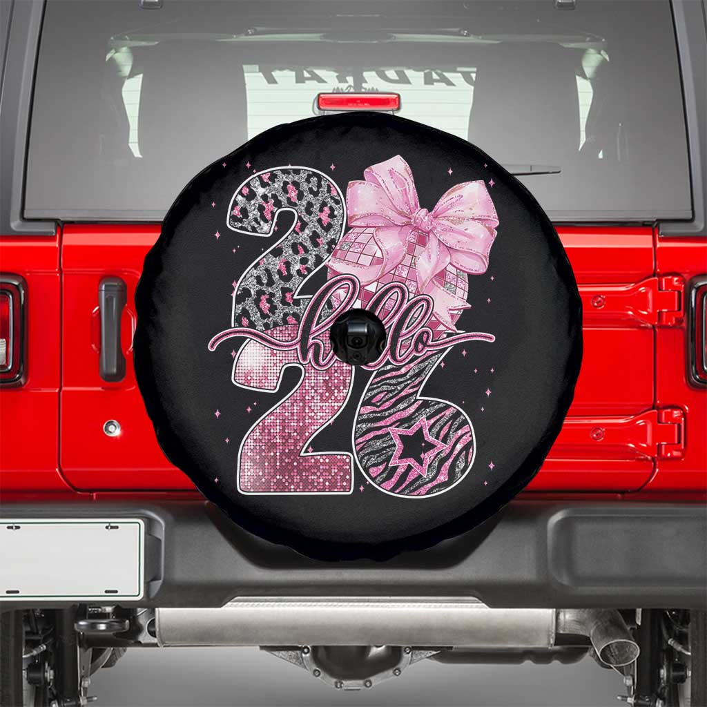 Happy New Year 2026 Spare Tire Cover Hello 2026 Disco Ball Pink Coquette Bow Faux Glitter - Wonder Print Shop