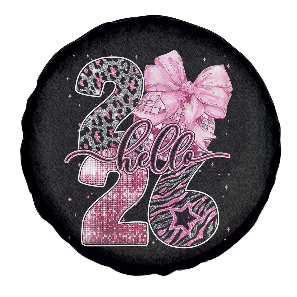 Happy New Year 2026 Spare Tire Cover Hello 2026 Disco Ball Pink Coquette Bow Faux Glitter - Wonder Print Shop