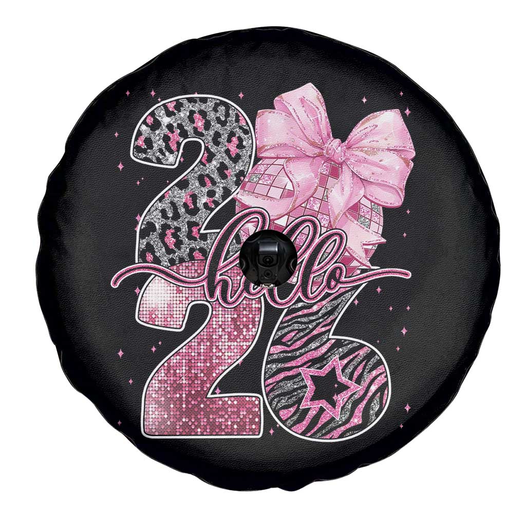 Happy New Year 2026 Spare Tire Cover Hello 2026 Disco Ball Pink Coquette Bow Faux Glitter - Wonder Print Shop