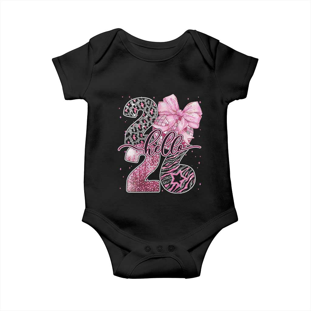 Happy New Year 2026 Baby Onesie Hello 2026 Disco Ball Pink Coquette Bow Faux Glitter - Wonder Print Shop