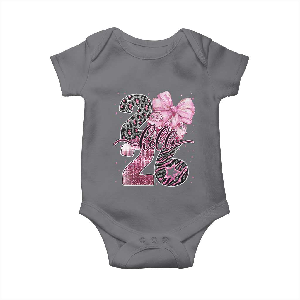 Happy New Year 2026 Baby Onesie Hello 2026 Disco Ball Pink Coquette Bow Faux Glitter - Wonder Print Shop